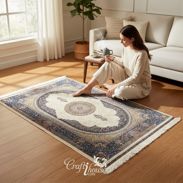 Floral Pattern Silk Carpet 150x100 Cm - Floor - Machine Made Silk Carpet | Luxury Islamic Gift Idea | Traditional Mihrab Design Rug - Luxury Handcrafted Art Craftihouse Dubai