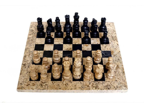 Luxury stone chess set ,Marble Fossil Coral and Black Marble Full Chess Game Original Marble Chess Set Artisan Detail Shot