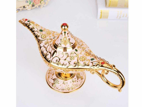 A 33 cm grand magic Aladdin lamp in pink and gold, made from high-quality zinc alloy for Dubai souvenir collectors.