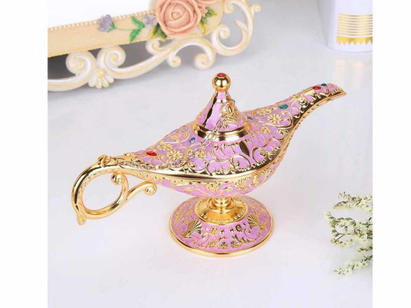 A large 33 cm decorative pink and gold magic Aladdin lamp made from high-quality zinc alloy.