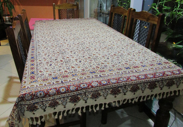 The 200x135 cm Ghalamkar cloth hung vertically as a wall tapestry, showcasing the full scale of the hand-blocked design.