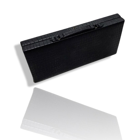 Close-up of the reinforced handle and the secure metal locking clasps on the PU leather backgammon travel case.