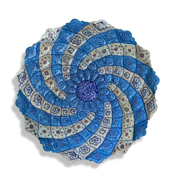 An elegantly displayed 35 cm blue enamel plate, showcasing the beauty and scale of traditional Meenakari artistry.