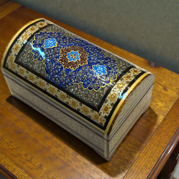 Dome shaped Khatamkari inlaid wooden box with hand-painted Tazhib design