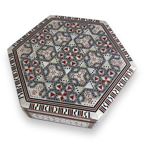 Luxury Unique Egyptian Inlaid Mother of Pearl Wooden Jewelry. Classic Islamic Ottoman Pattern. Vintage Treasury Box Premium Design Showcase