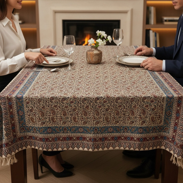 A spacious 200x140 cm artisan Ghalmkari textile, featuring rich Persian hand-blocked patterns, versatile as a tapestry or tablecloth.