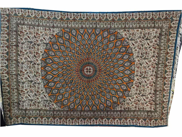 Close-up view of the detailed hand-printed patterns on the Ghalamkari fabric, showcasing rich colors and classic artistic heritage.