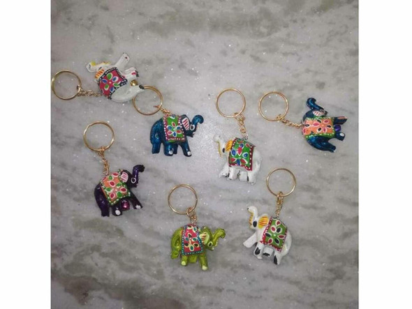 Close-up of the hand-carved details and natural wood texture on the Indian elephant souvenir key chain.