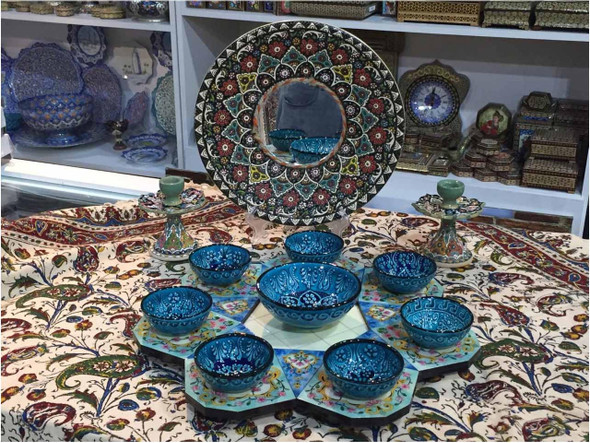 Norouz Haft Seen set handmade wooden tray ceramic bowls candle holder mirror Persian