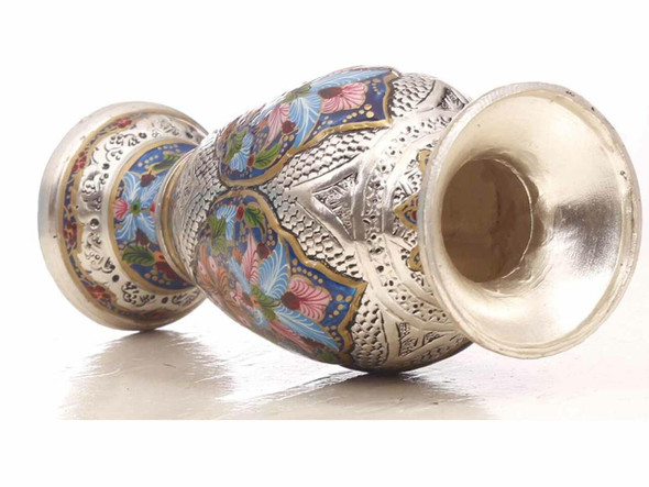 Product photo of the silver-coated copper flower vase, showcasing an elegant curved body and flared neck adorned with hand-carved textured background scaling, prominent shield-shaped blue medallions with pink and orange floral arrangements, and a polished silver-finish tiered pedestal base.