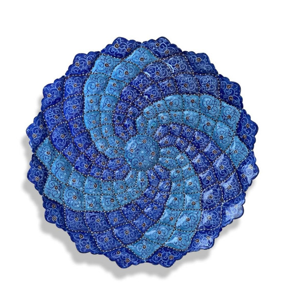 A stunning 35 cm blue Meenakari enamel copper plate, expertly crafted as a decorative wall art gift.