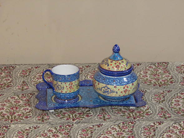 handmade Single Enamel Copper Teaset with Sugar bowl , Tray and Cup Holder handmade Single Enamel Copper Teaset with Sugar bowl , Tray and Cup Holder