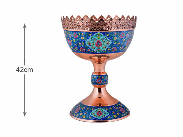 Front view of a grand 42 cm premium copper pedestal centerpiece bowl featuring traditional hand-painted Mes Pardaz floral enamel artwork and a pierced reticulated crown rim.