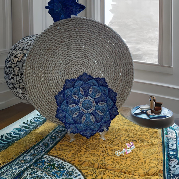 Close-up of the intricate hand-painted floral motifs and the glass-like fired finish on the 20 cm decorative Minakari copper plate.