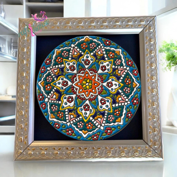 Exclusive Handcrafted Hand-Painted Minakari Ceramic Plate with Frame 22x22 cm Fine Craftsmanship Detail