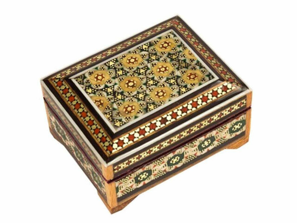 A professional product presentation of the decorative Persian Khatamkari trinket box from a premier art, gift, and home decor supplier.