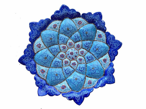 A professional product presentation of the exclusive handmade turquoise petal floral Minakari copper art piece from a premier UAE shop.