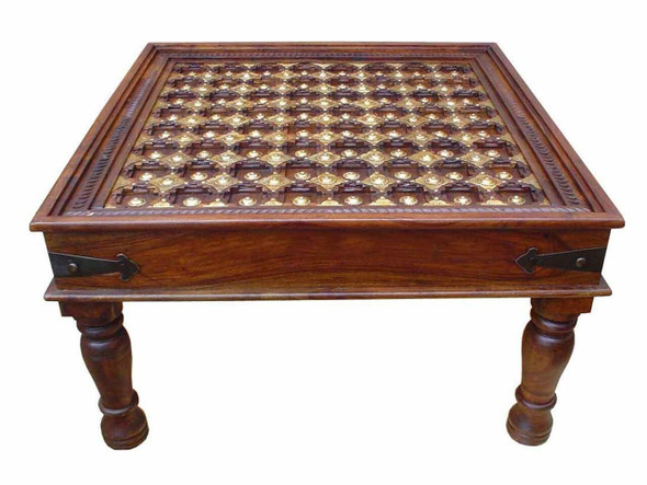 Luxury Brass Inlaid Hand Craved Coffee Table Handmade Brown Solid Wood Coffee Table 60x60 Cm Premium Design Showcase
