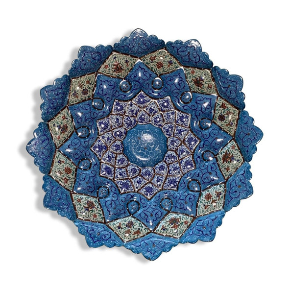 A 25 cm handcrafted decorative copper plate featuring intricate traditional Mina Kari blue patterns, designed as a premium heritage wall hanging.