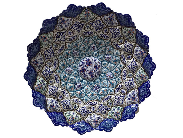 A premium 30 cm handmade Minakari copper plate featuring vibrant hand-painted blue enamel patterns and a high-gloss protective finish.