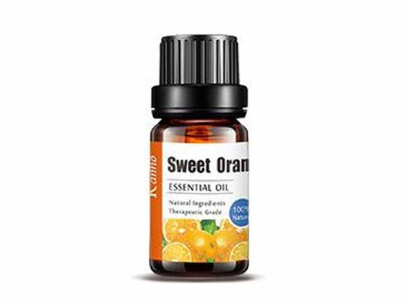 A brown glass bottle of Sweet Orange Essential Oil featuring a clean white and orange label with fresh citrus graphics and a black cap.