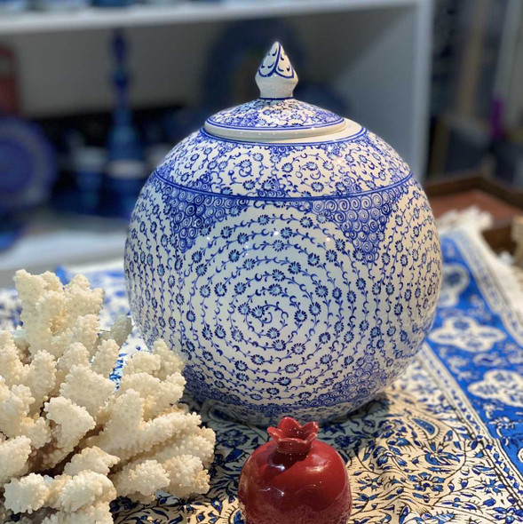 Blue Marmara Çini ceramic jar with lid hand-painted Turkish pottery home decor gift
