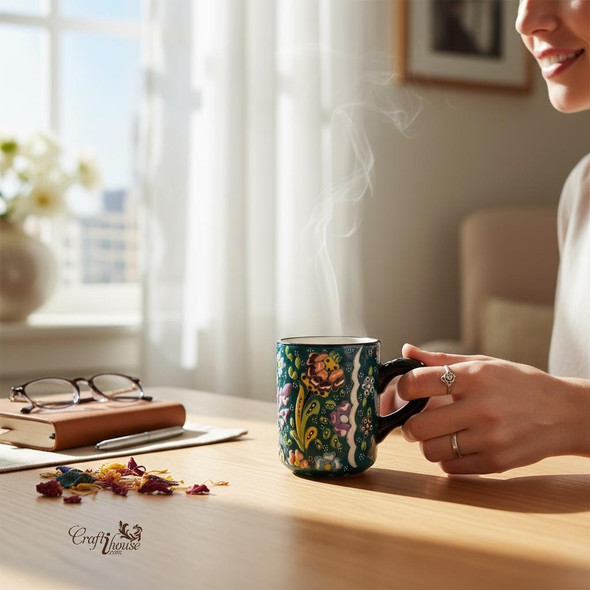 A steaming ceramic coffee mug featuring a deep teal background adorned with vibrant orange, pink, and purple traditional Persian floral patterns.