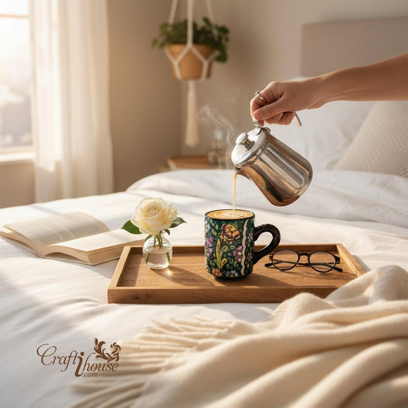 A detailed close-up highlighting the intricate floral motifs, glossy glazed ceramic surface, and vibrant colors of the coffee mug.