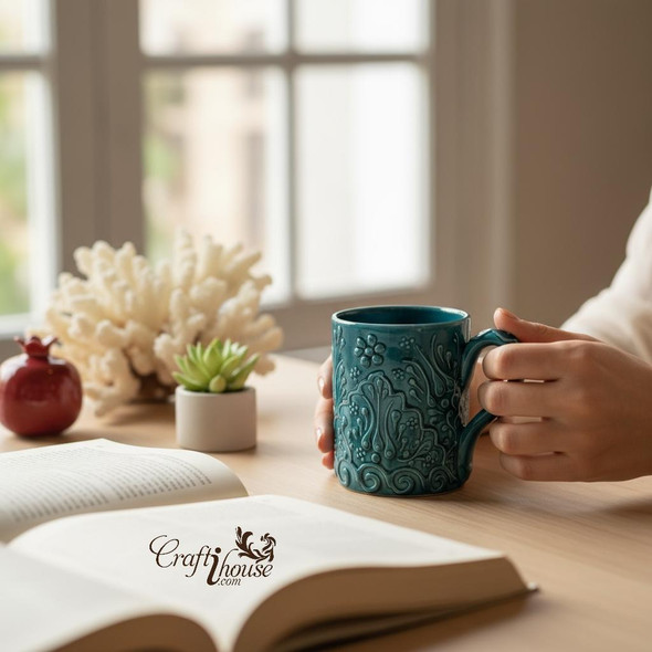 Turquoise Turkish Textured Ceramic Artisan Coffee Mug | Heritage Cultural Souvenir - Luxury Handcrafted Art Craftihouse Dubai
