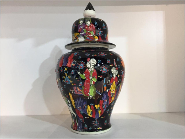 Black pattern Turkish ceramic vase with lid Iznik miniature jar collectible décor gift
