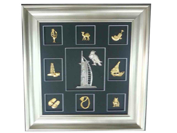 A large 43x43 cm premium wooden frame featuring a multi-icon display of silver and gold-toned UAE heritage symbols.