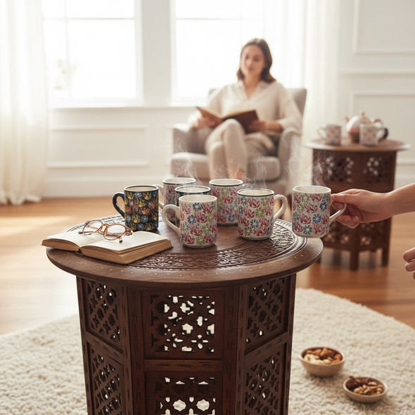 Handcrafted Hand-carved Wooden & Brass Round Coffee Table Lifestyle Visual