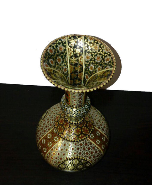 A 25 cm copper vase adorned with intricate Khatamkari wood and metal inlay, serving as a fine example of Persian heritage decor.