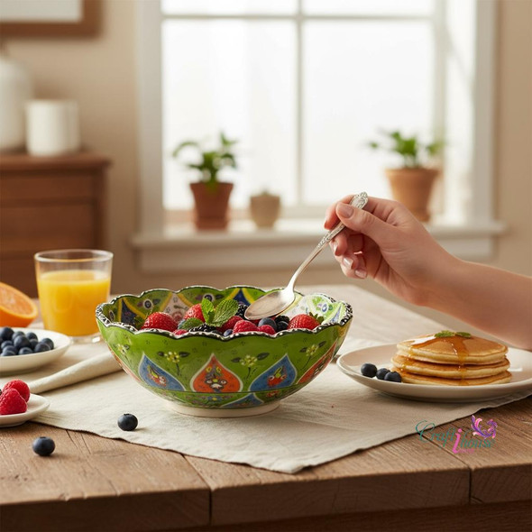 A 20 cm handmade ceramic serving bowl featuring vibrant green Iznik floral patterns and a high-gloss glazed finish.