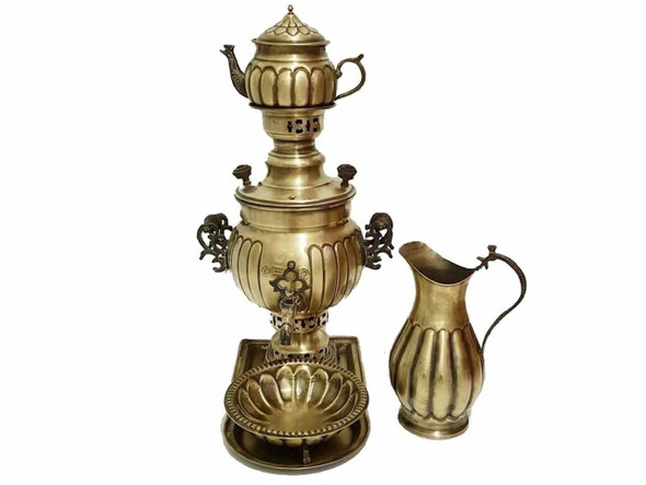 A complete 2-liter traditional brass charcoal samovar set featuring a samovar urn, teapot, matching jug, and drip bowl tray.