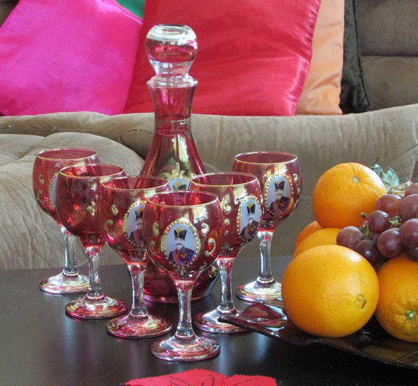 Qajar style decorative wine pitcher set 6 glasses Persian heritage art home gift