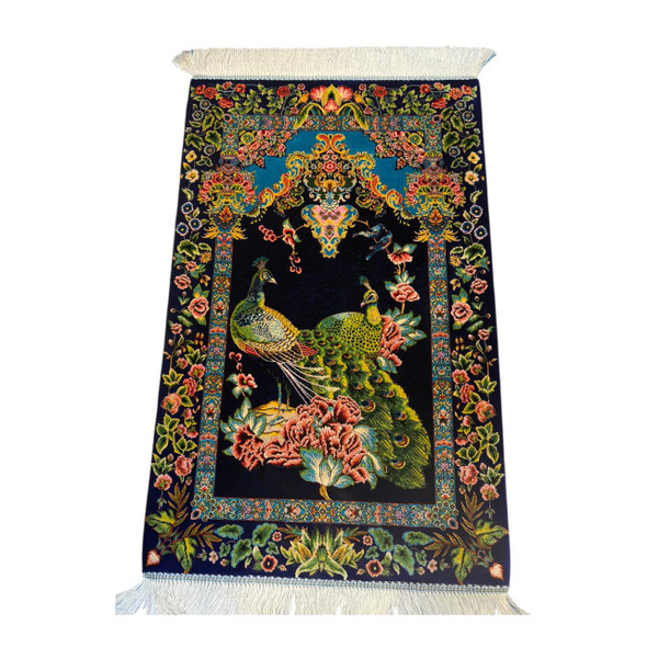 Luxury 100% silk carpet featuring a royal peacock in a floral garden, vibrant blues and greens, 60x90cm wall decor