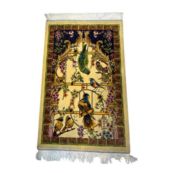 Luxury 60x90cm silk carpet with colorful parrots and birds in a floral garden, exotic botanical wall decor in Persian style