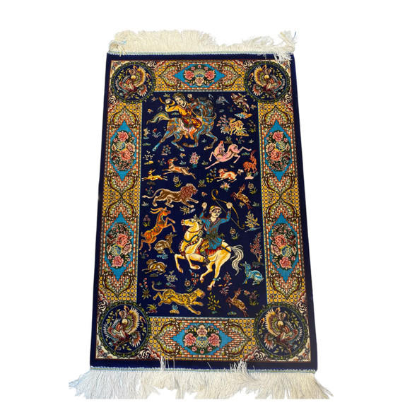 a 60x90cm machine-made silk carpet with intricate Persian floral patterns in blue and gold, showing silk sheen."