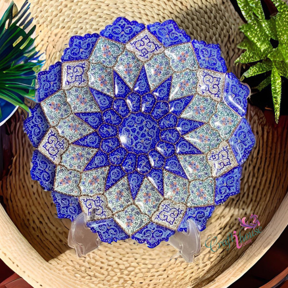 A premium 30 cm hand-painted Meenakari copper plate titled "The Azure Radial" featuring vibrant blue and white layered floral enamel patterns.