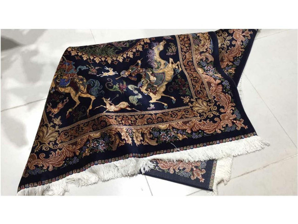 Hunting Scene Silk Carpet 150x100 Cm Machine Made Silk Shekargah Silk Carpet | Authentic Soft Sajadah | Elegant Muslim Prayer Rug - Luxury Handcrafted Art Craftihouse Dubai