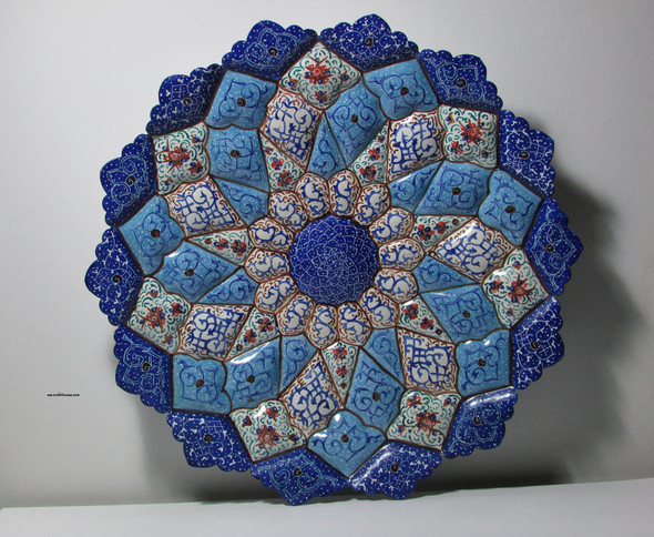 A premium 30 cm hand-painted Meenakari copper plate titled "The Azure Starburst" featuring vibrant blue and white radial enamel patterns.