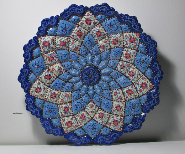 A premium 30 cm hand-painted Meenakari copper plate titled "The Solar Mandala" featuring vibrant turquoise and cobalt floral patterns.