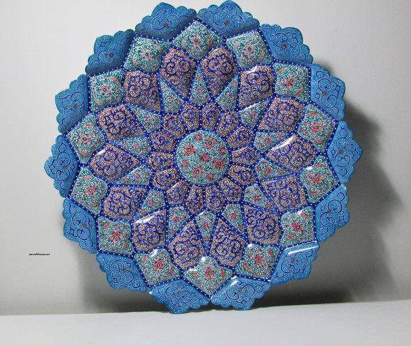 A premium 30 cm hand-painted Meenakari copper plate titled "The Azure Bloom" featuring vibrant blue and white layered floral enamel patterns.