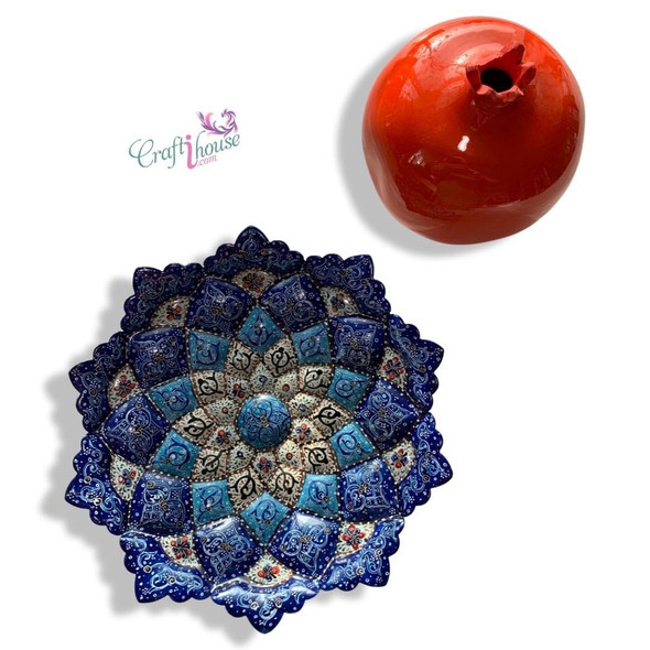A premium 20 cm octagonal Minakari copper plate featuring vibrant hand-painted blue enamel patterns and a high-gloss protective finish