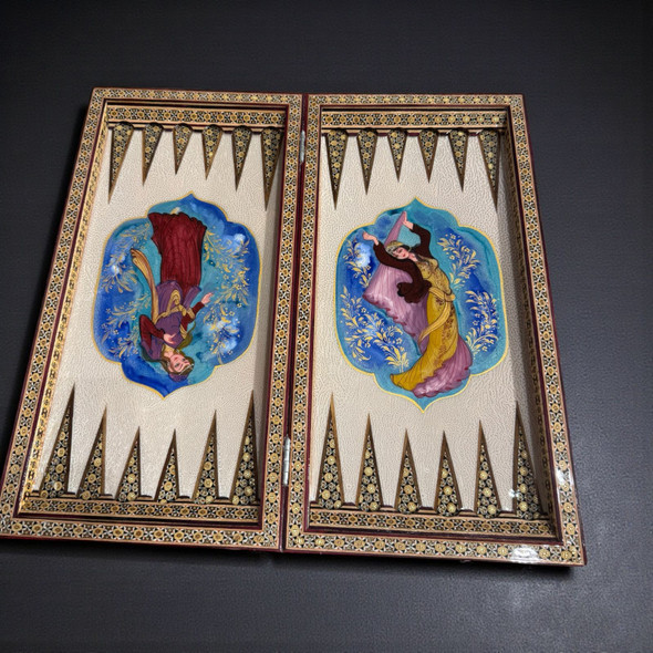 The exterior of a luxury Persian chessboard featuring hand-painted figures and blue floral miniature art.