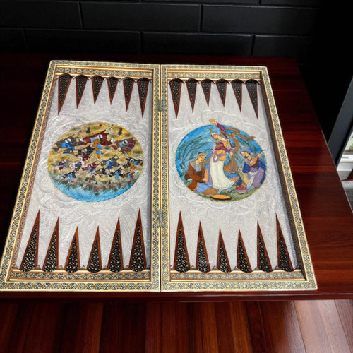 Luxury Premium Hand-Painted Khatamkari Wooden Backgammon & Chess Set Artisan Detail Shot