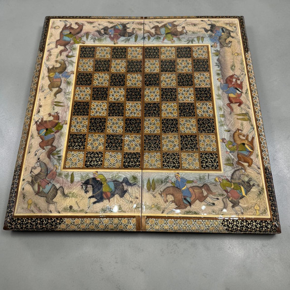A 50x50 cm luxury wooden game set featuring a hand-painted Persian hunting scene and full Khatamkari inlay.