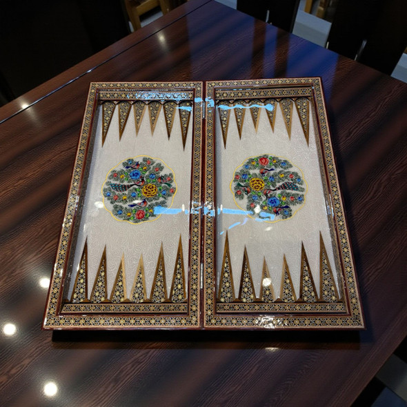 Handmade backgammon set 50x50 cm with embossed birds and flowers and Khatamkari inlaid wooden board
