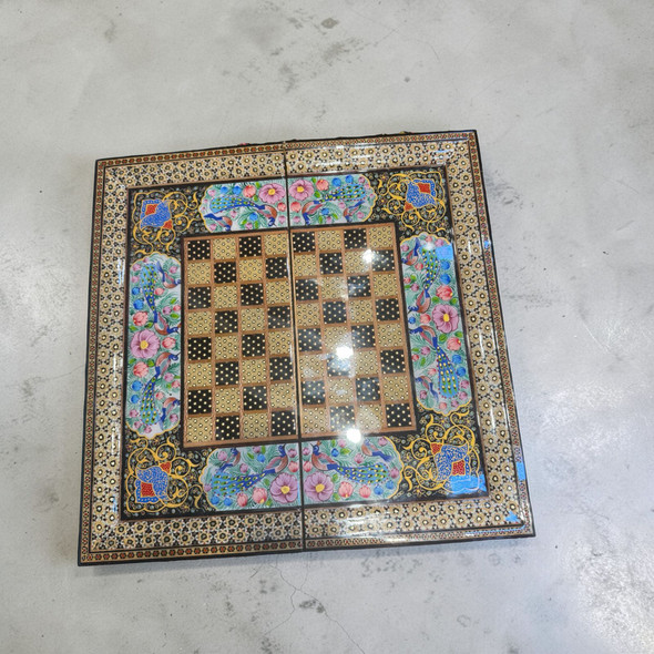 A 40x40 cm hand-painted wooden backgammon and chess set featuring the Persian Bird and Flowers pattern.